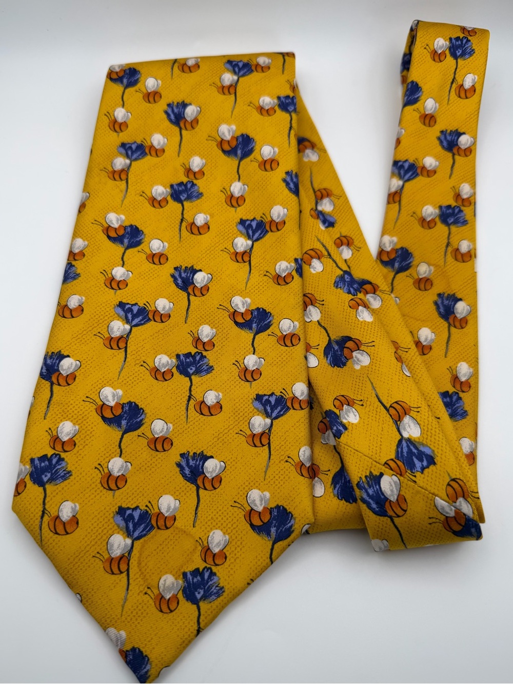 Robert Talbott Yellow Bee Floral Novelty Tie Blue Flowers